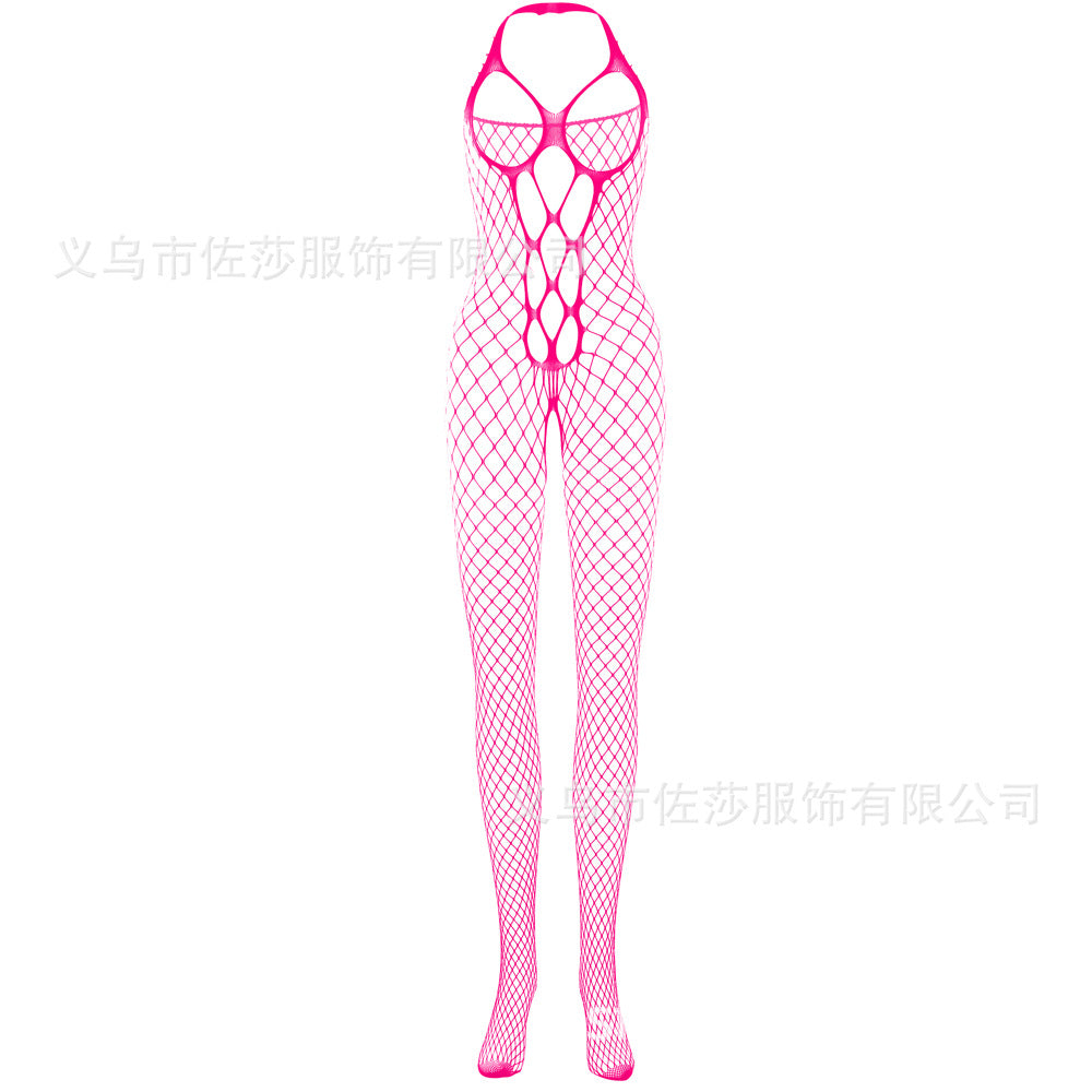 Sexy lingerie fishnet bodysuit with open-crotch, hollow-out, halter neck design - Lslingerie