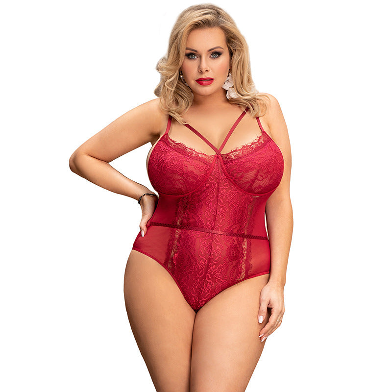 Plus size lace bodysuit with closure crotch
