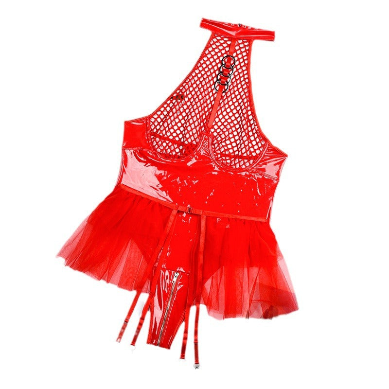 Sexy Patent Leather Halter Garter Belt with Mesh Flared Skirt and Sheer Temptation Uniform - Lslingerie