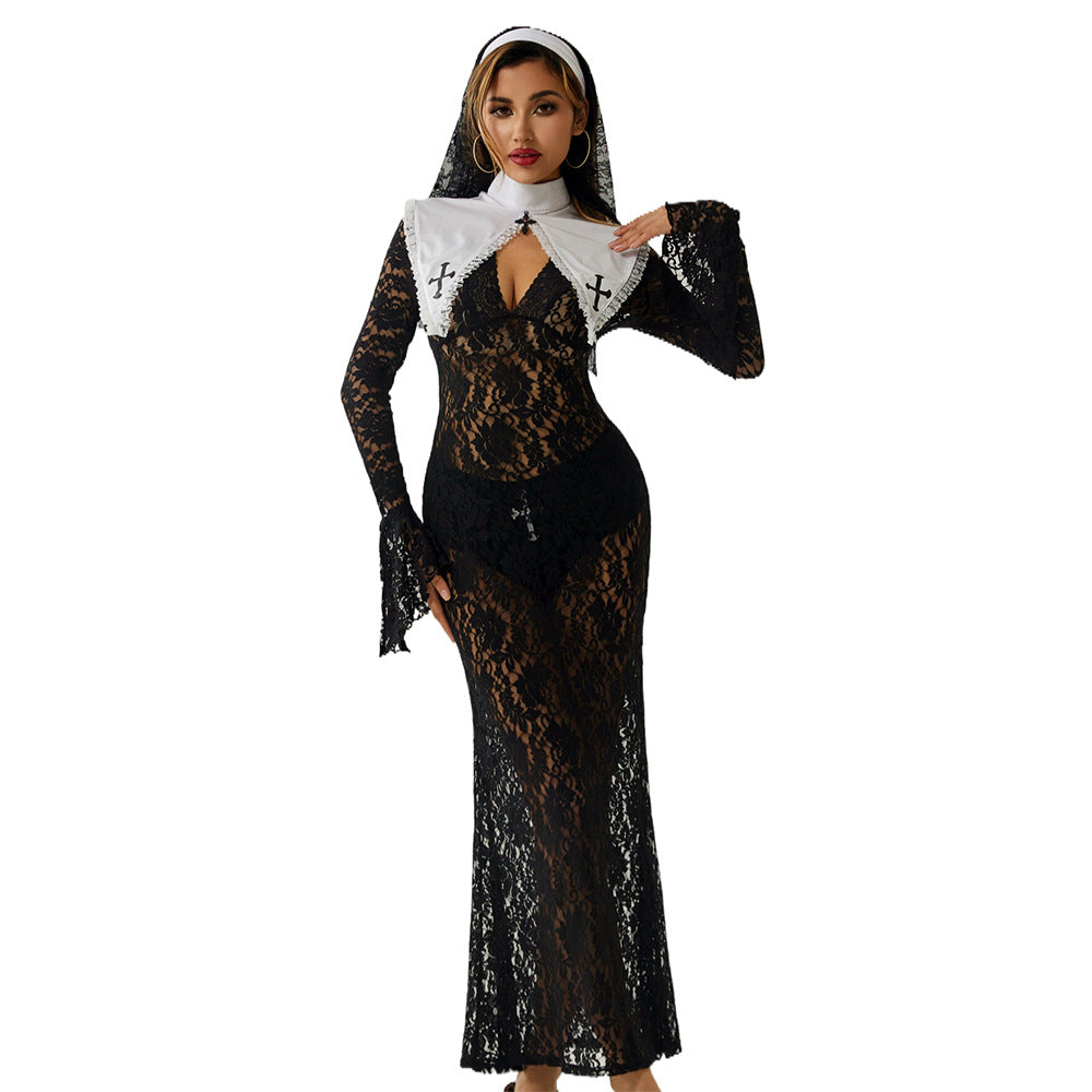 Halloween Nun Cosplay Set: Seductive Lace Gown & Queen Accessories for Nightclub & Stage - Lslingerie