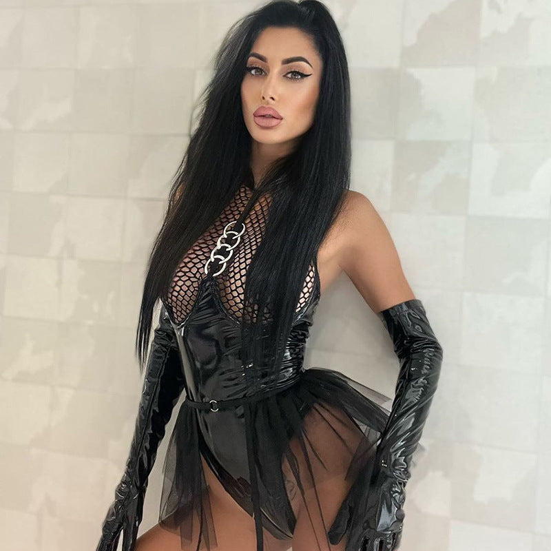 Sexy Patent Leather Halter Garter Belt with Mesh Flared Skirt and Sheer Temptation Uniform - Lslingerie