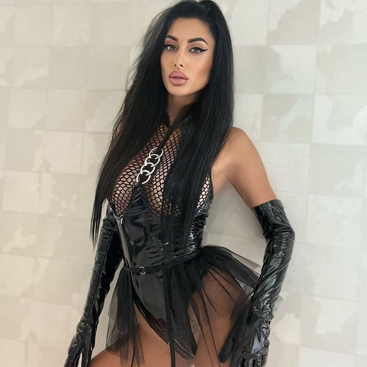 Sexy Patent Leather Halter Garter Belt with Mesh Flared Skirt and Sheer Temptation Uniform - Lslingerie