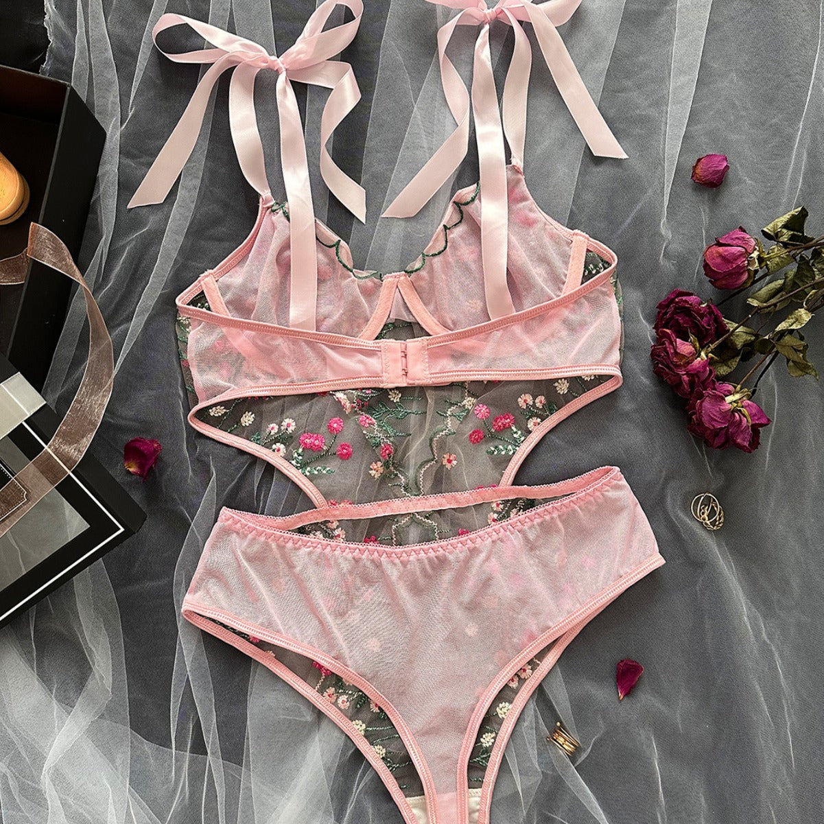 Pretty Floral Embroidered Lingerie Set - Ultra-Thin Sheer Mesh One-Piece