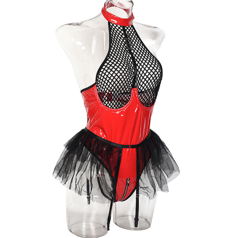 Sexy Patent Leather Halter Garter Belt with Mesh Flared Skirt and Sheer Temptation Uniform - Lslingerie