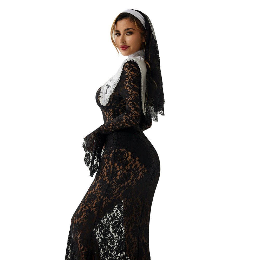Halloween Nun Cosplay Set: Seductive Lace Gown & Queen Accessories for Nightclub & Stage - Lslingerie