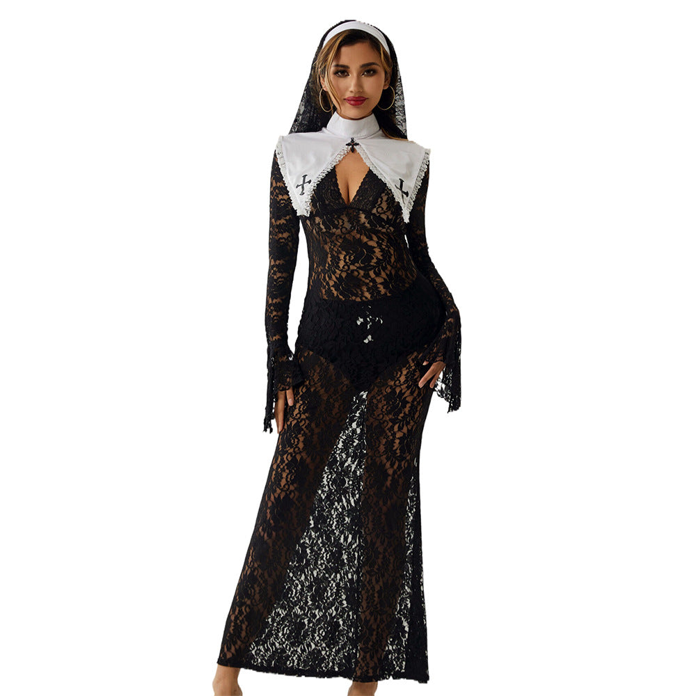 Halloween Nun Cosplay Set: Seductive Lace Gown & Queen Accessories for Nightclub & Stage - Lslingerie