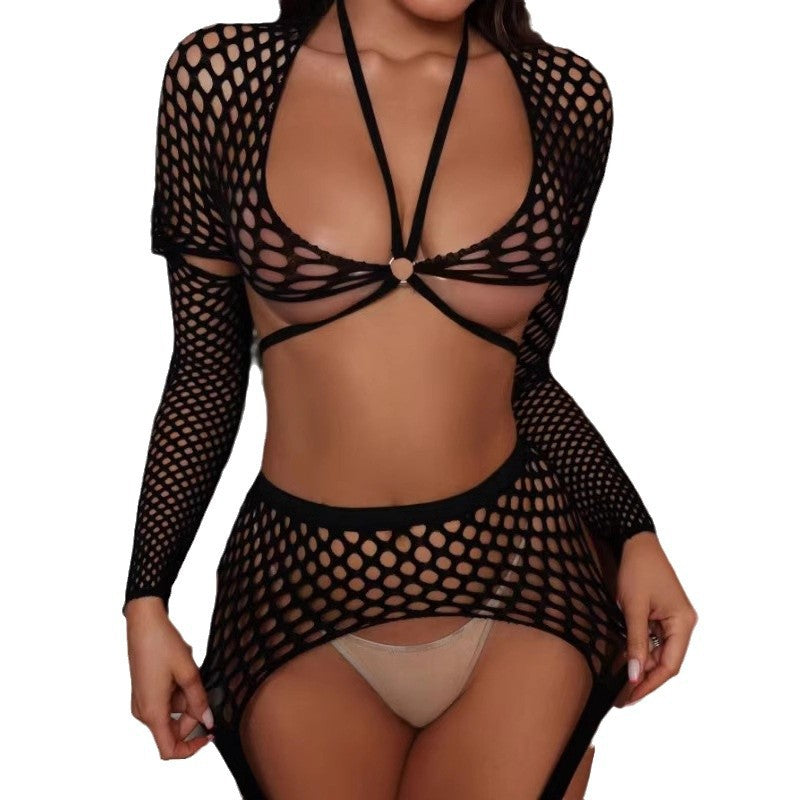 Black Fishnet Sheer Long Sleeve Strapless Open-Crotch Stockings Lingerie Set - Lslingerie