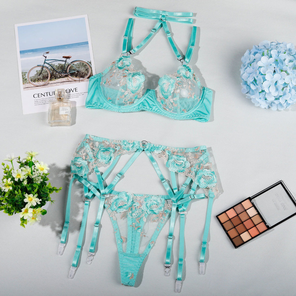 Lake blue sheer lingerie set