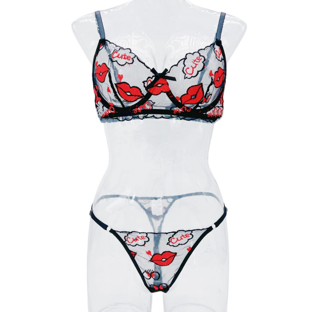 Sheer Valentine's Day Lingerie: Hot & Sexy Red Lips Embroidered Temptation