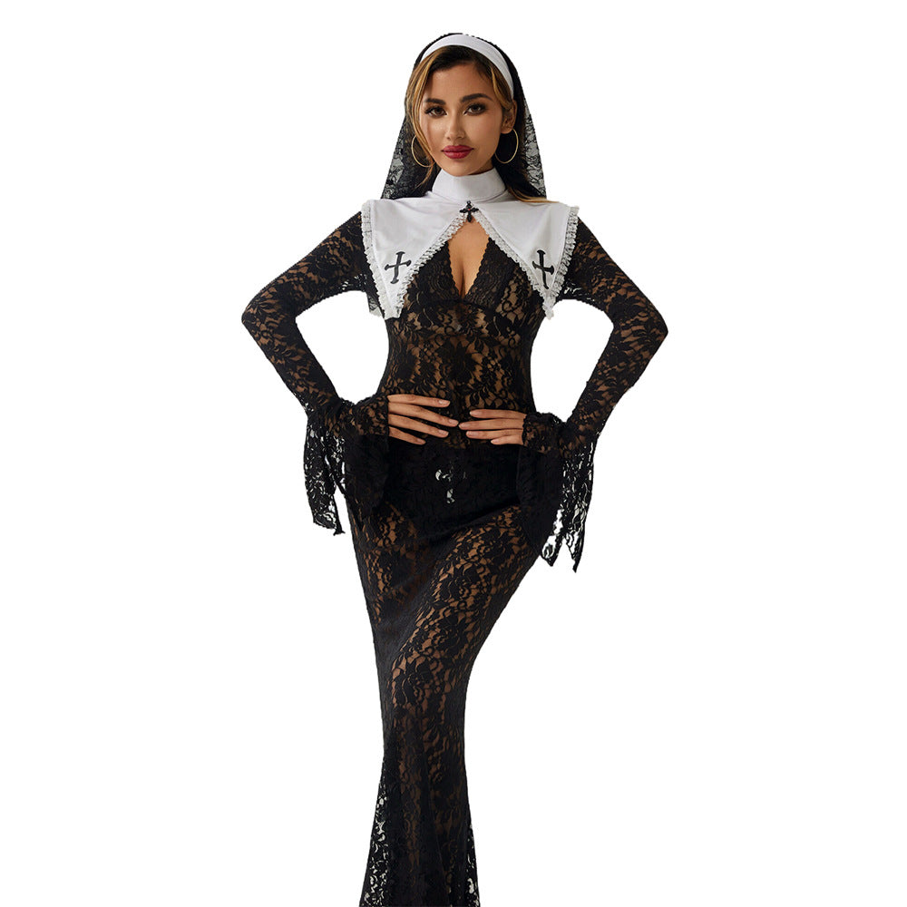 Halloween Nun Cosplay Set: Seductive Lace Gown & Queen Accessories for Nightclub & Stage - Lslingerie